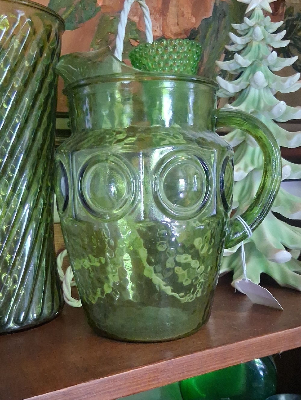 Green Pressed Glass Pitcher with Ring Motif